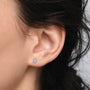Closeup of woman wearing 1ct Emerald-Cut Lab Grown Diamond Halo Stud Earrings by Fortune Jewellery