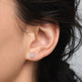 Close-up of woman wearing 1.5ct Emerald-Cut Bridal Halo Diamond Stud Earrings by Fortune Jewellery