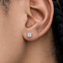 Close-up of model wearing 2ct Cushion-Cut Lab Grown Diamond Halo Earrings