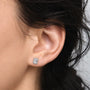 Close-up of woman wearing 4ct Partywear Emerald-Cut Diamond Halo Stud Earrings by Fortune Jewellery