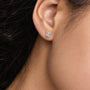 Woman wearing 4ct Emerald-Cut Luxury Halo Diamond Stud Earrings by Fortune Jewellery