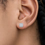 Close-up view of woman wearing 4ct Luxurious Cushion-Cut Lab Grown Diamond Halo Earrings