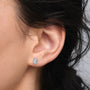 Close-up of woman wearing 6ct Premium Emerald-Cut Diamond Halo Stud Earrings by Fortune Jewellery