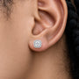 Close-up view of woman wearing 10ct Premium Cushion-Cut Lab Grown Diamond Halo Earrings