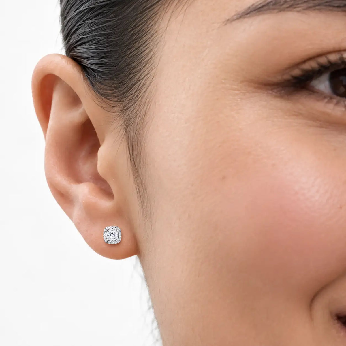 Woman wearing 2ct Classy Cushion-Cut Lab Grown Diamond Halo Earrings by Fortune Jewellery