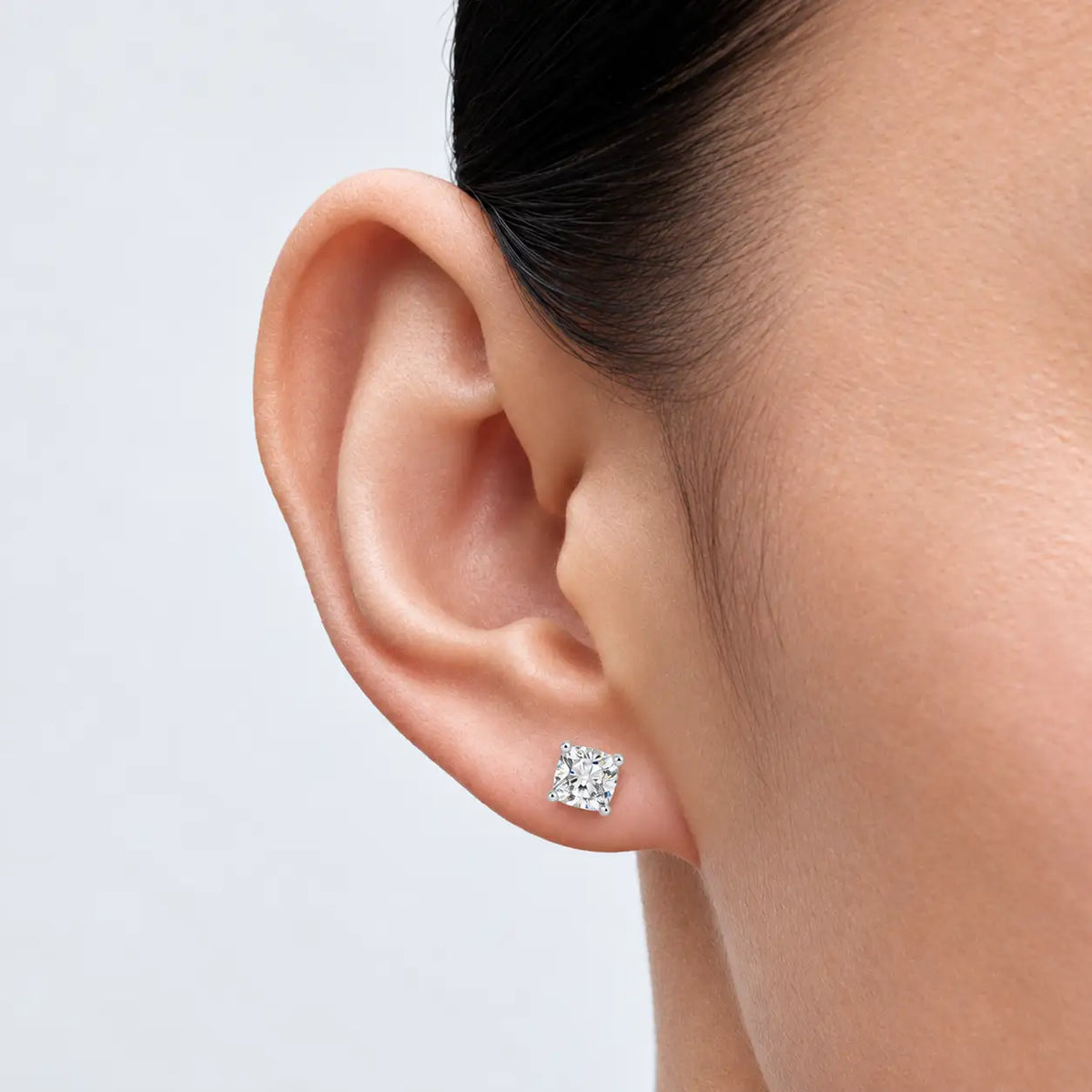 Close-up of luxurious 10ct Cushion-Cut Lab Diamond Solitaire Stud Earrings by Fortune Jewellery