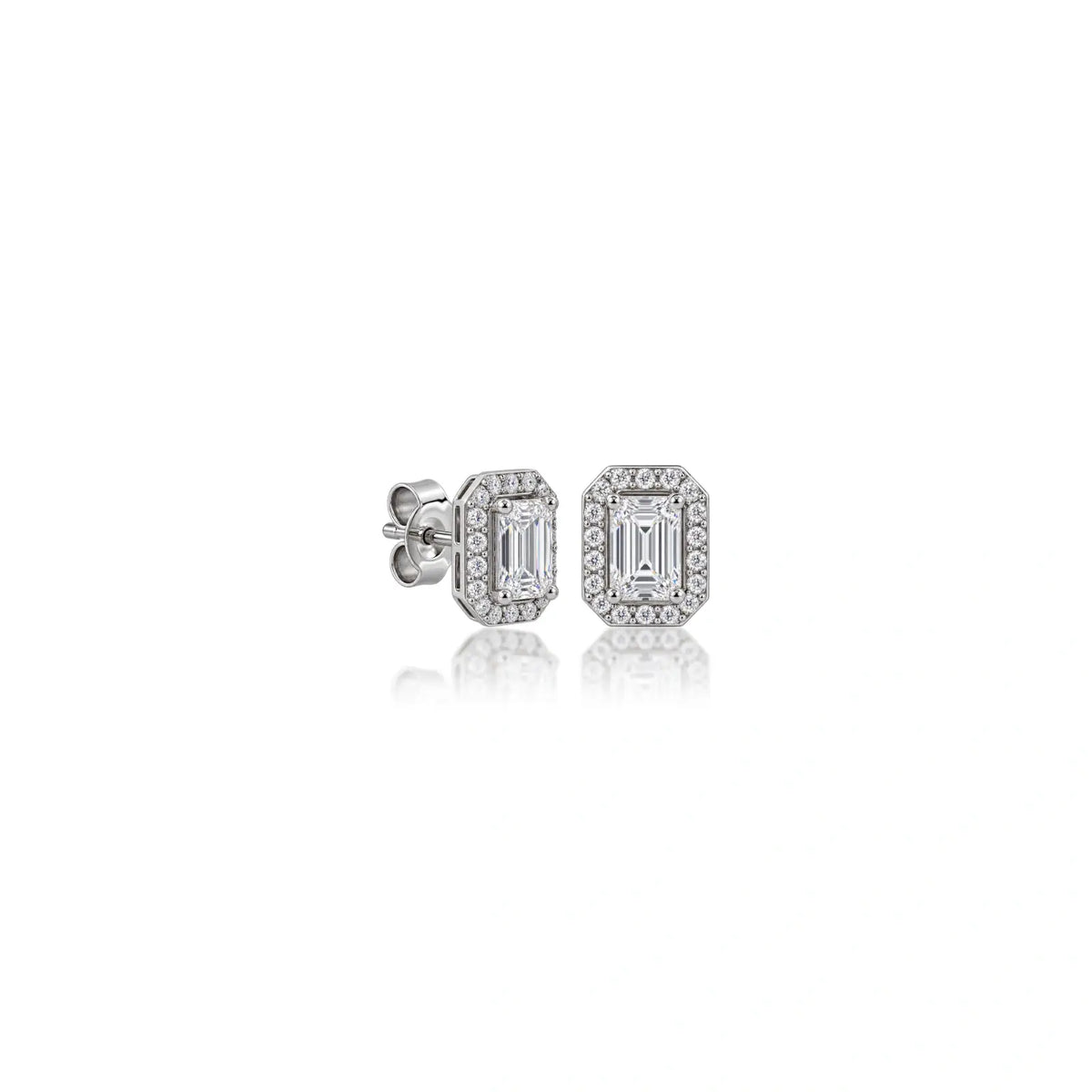 Side view of 1ct Emerald-Cut Lab Grown Diamond Halo Stud Earrings by Fortune Jewellery