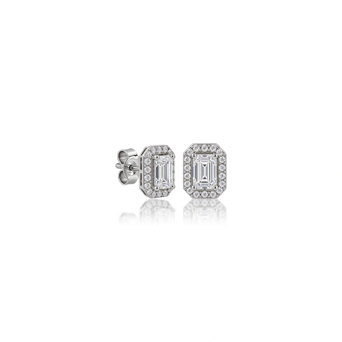 Side view of 1.5ct Emerald-Cut Lab Grown Diamond Halo Stud Earrings by Fortune Jewellery