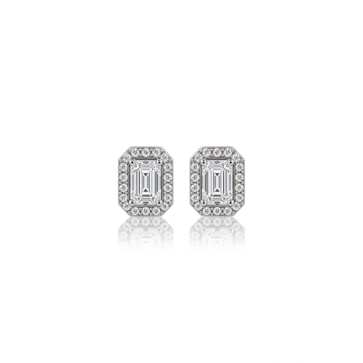 2ct Emerald-Cut Lab Grown Diamond Halo Stud Earrings by Fortune Jewellery