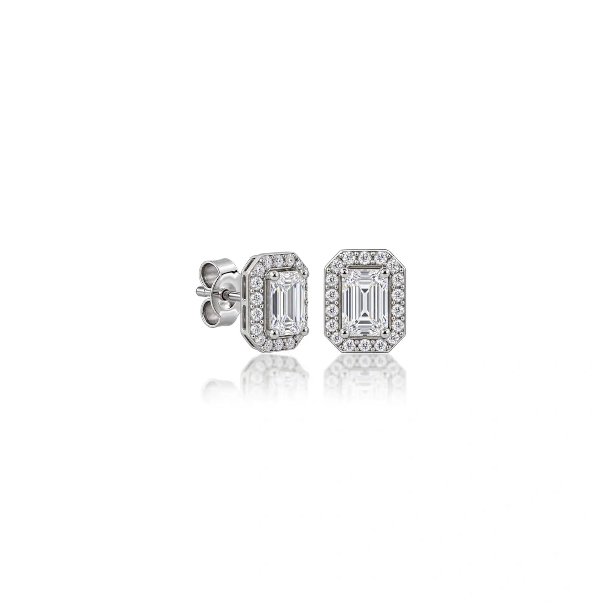 Elegant side profile of 2ct Emerald-Cut Lab Grown Diamond Halo Stud Earrings by Fortune Jewellery
