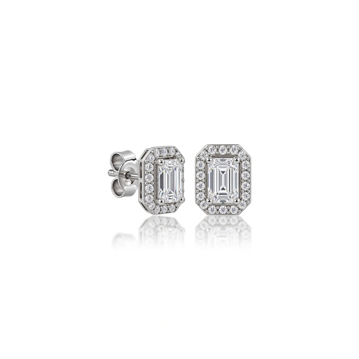 Side view of 4ct Emerald-Cut Lab Grown Diamond Halo Stud Earrings by Fortune Jewellery