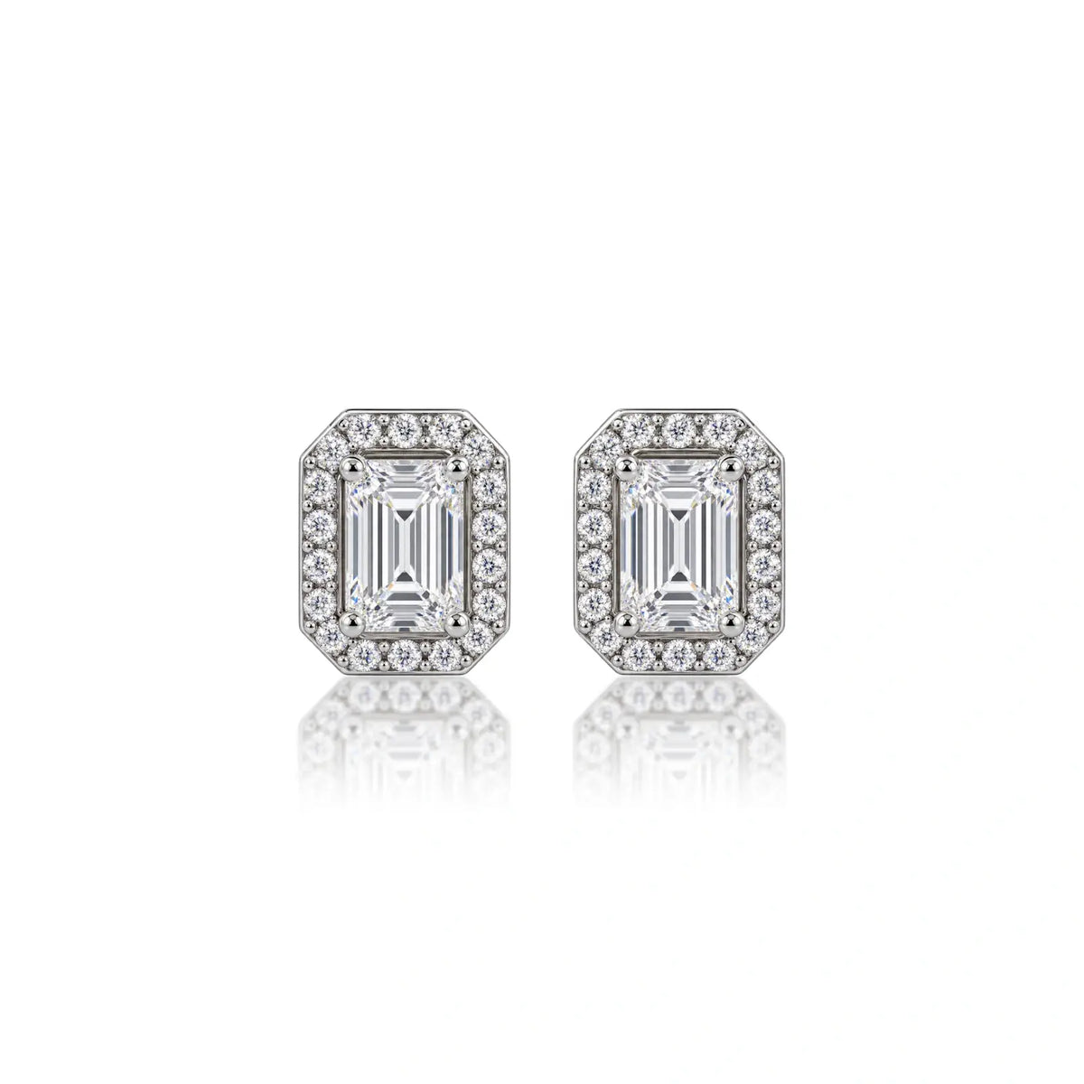 6ct Emerald-Cut Lab Grown Diamond Halo Stud Earrings by Fortune Jewellery
