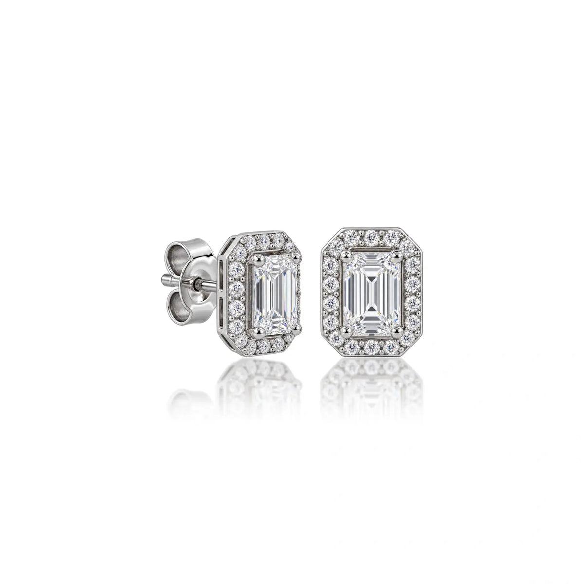 Side profile of 6ct Emerald-Cut Lab Grown Diamond Halo Stud Earrings by Fortune Jewellery