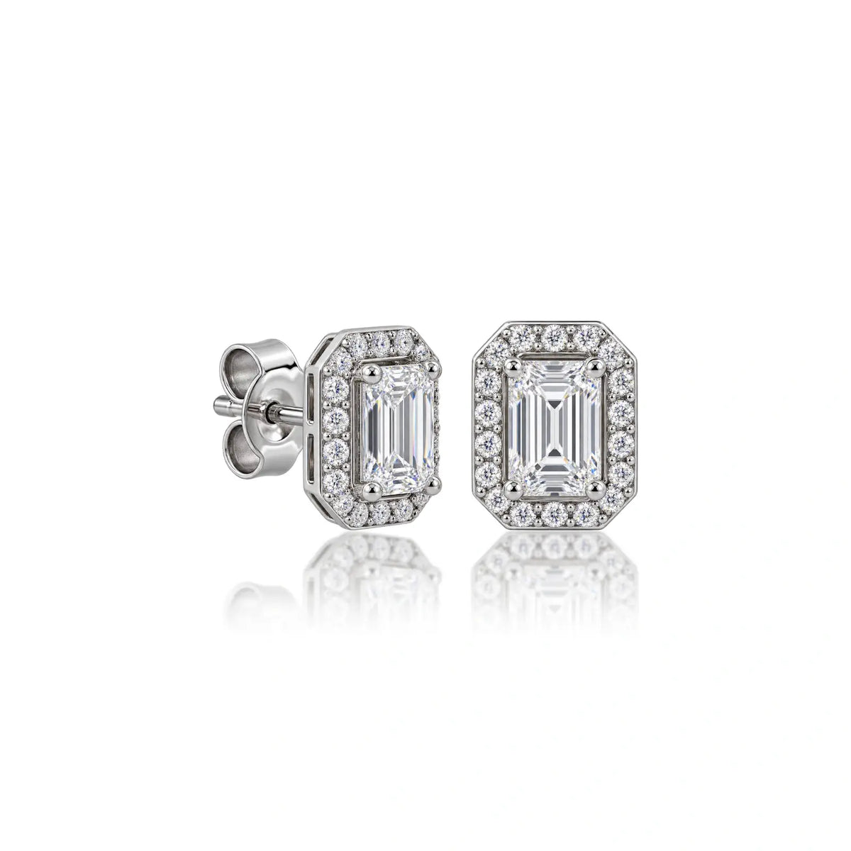 Side view of 8ct Emerald-Cut Lab Grown Diamond Halo Stud Earrings by Fortune Jewellery