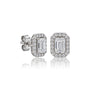 Close-up of woman wearing 10ct Luxurious Emerald-Cut Halo Diamond Stud Earrings by Fortune Jewellery