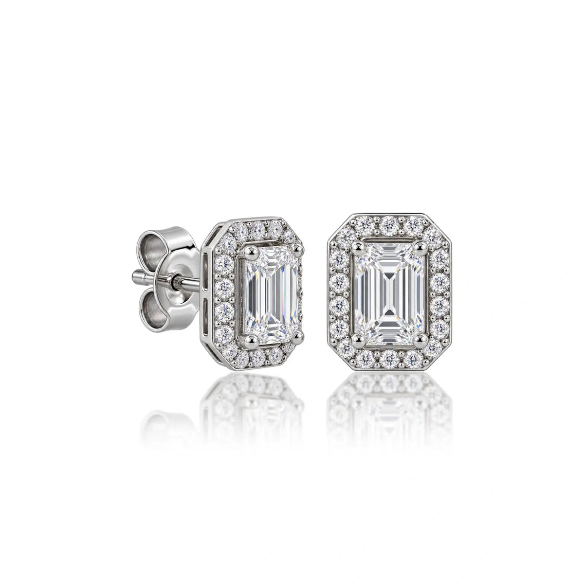 Close-up of woman wearing 10ct Luxurious Emerald-Cut Halo Diamond Stud Earrings by Fortune Jewellery