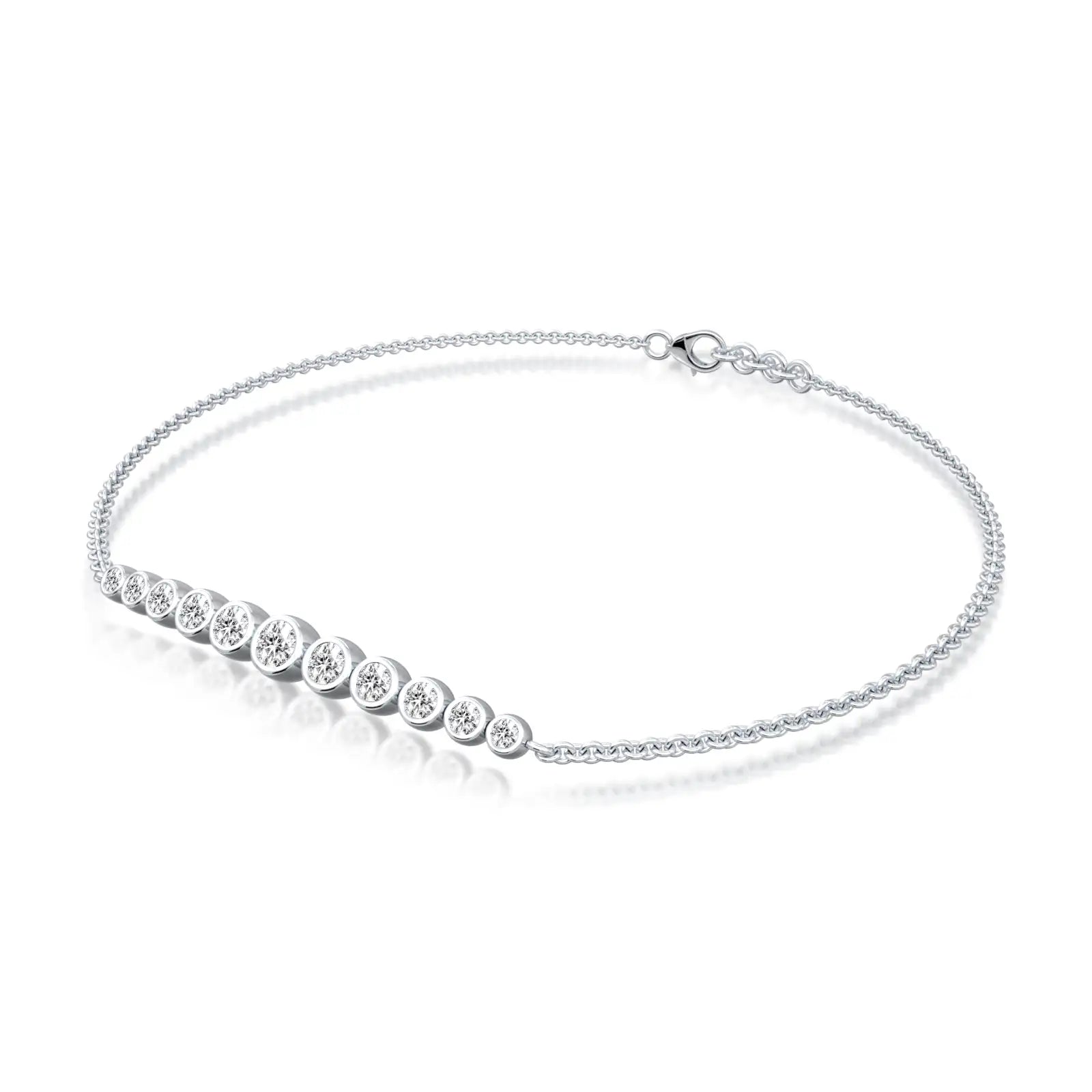 White gold graduated bezel set diamond station bracelet