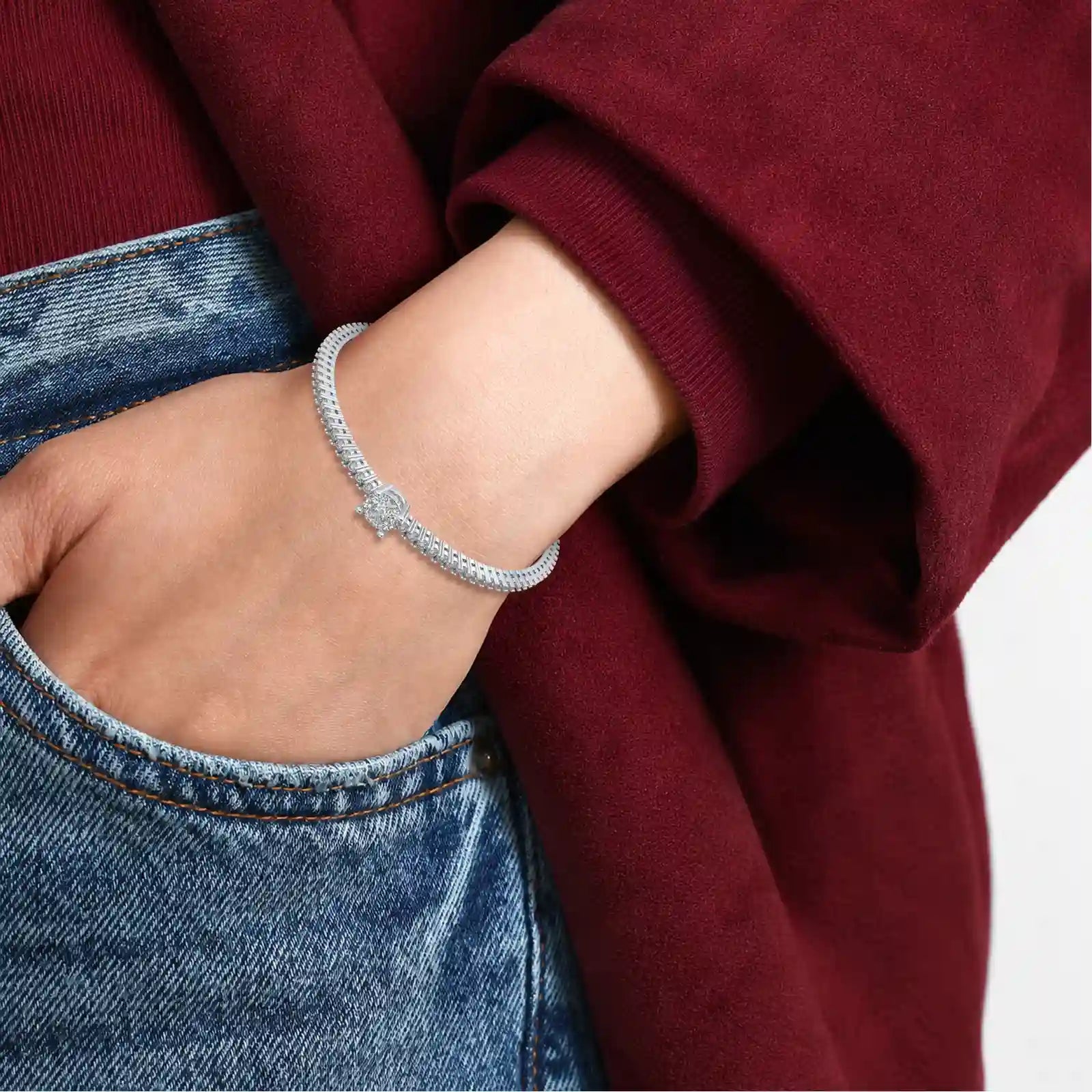 Person wearing a Stellar Pavé Diamond Bracelet on a plain background
