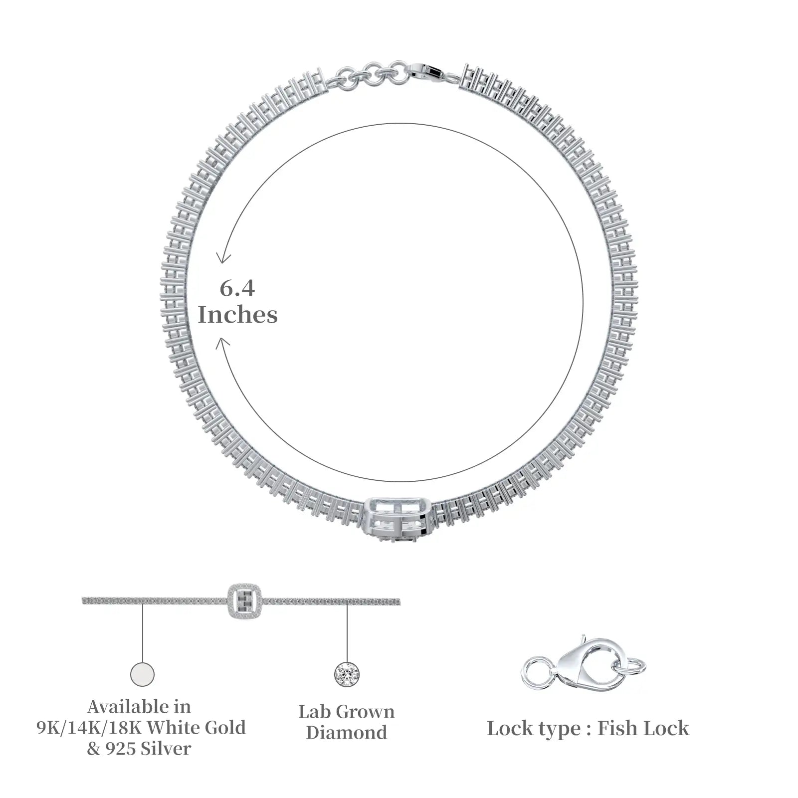 Dimension and descriptive details of trendy eterna frame diamond bracelet