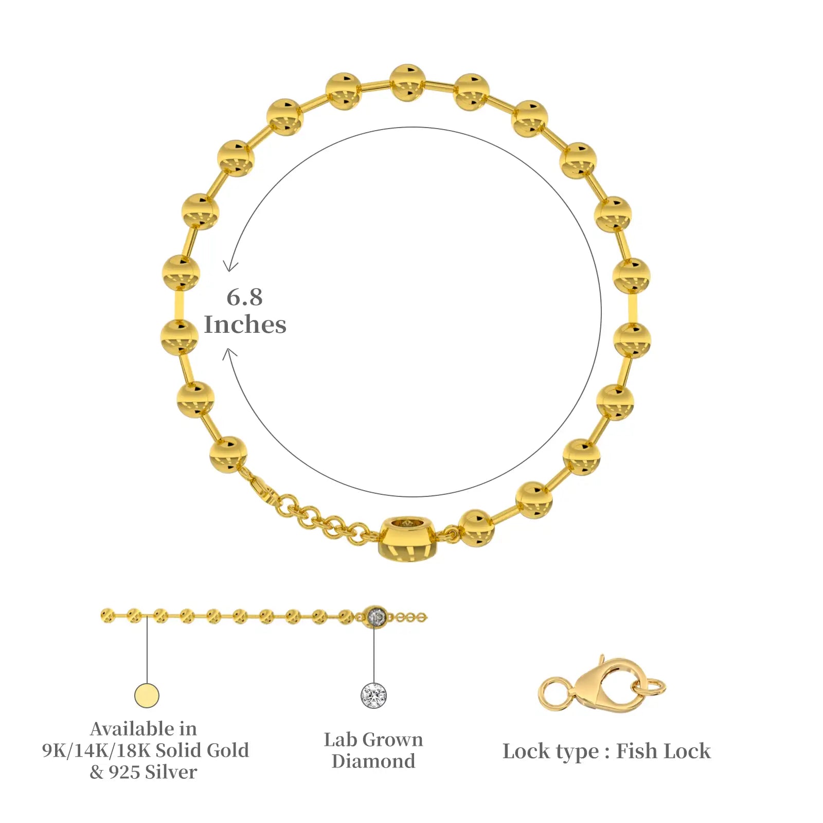 Dimension and descriptive image of orbis bead diamond bracelet
