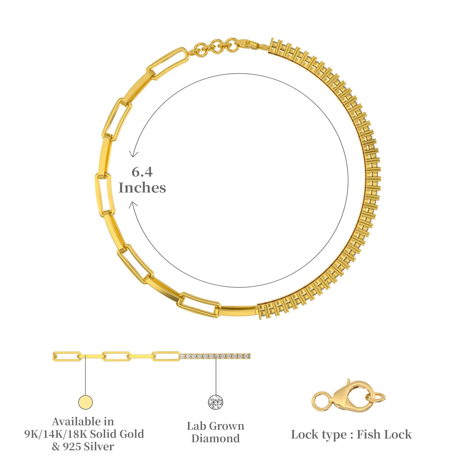 Dimension and descriptive image of half and half diamond tennis paperclip bracelet