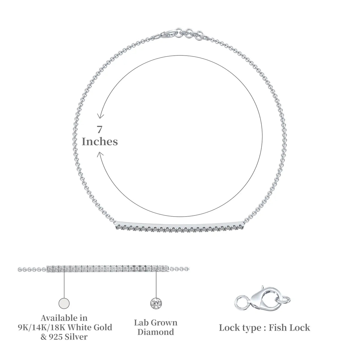 Dimension and descriptive details of white gold diamond bar chain bracelet 
