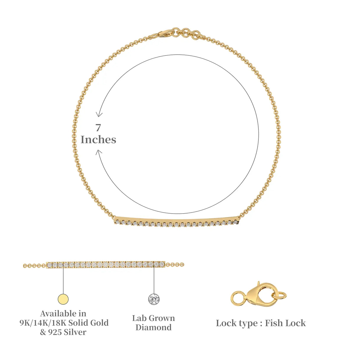 Dimension and descriptive details of yellow gold diamond bar chain bracelet 