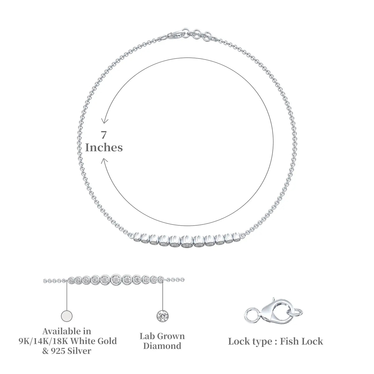 Dimension and descriptive image of white gold graduated bezel set diamond station bracelet 