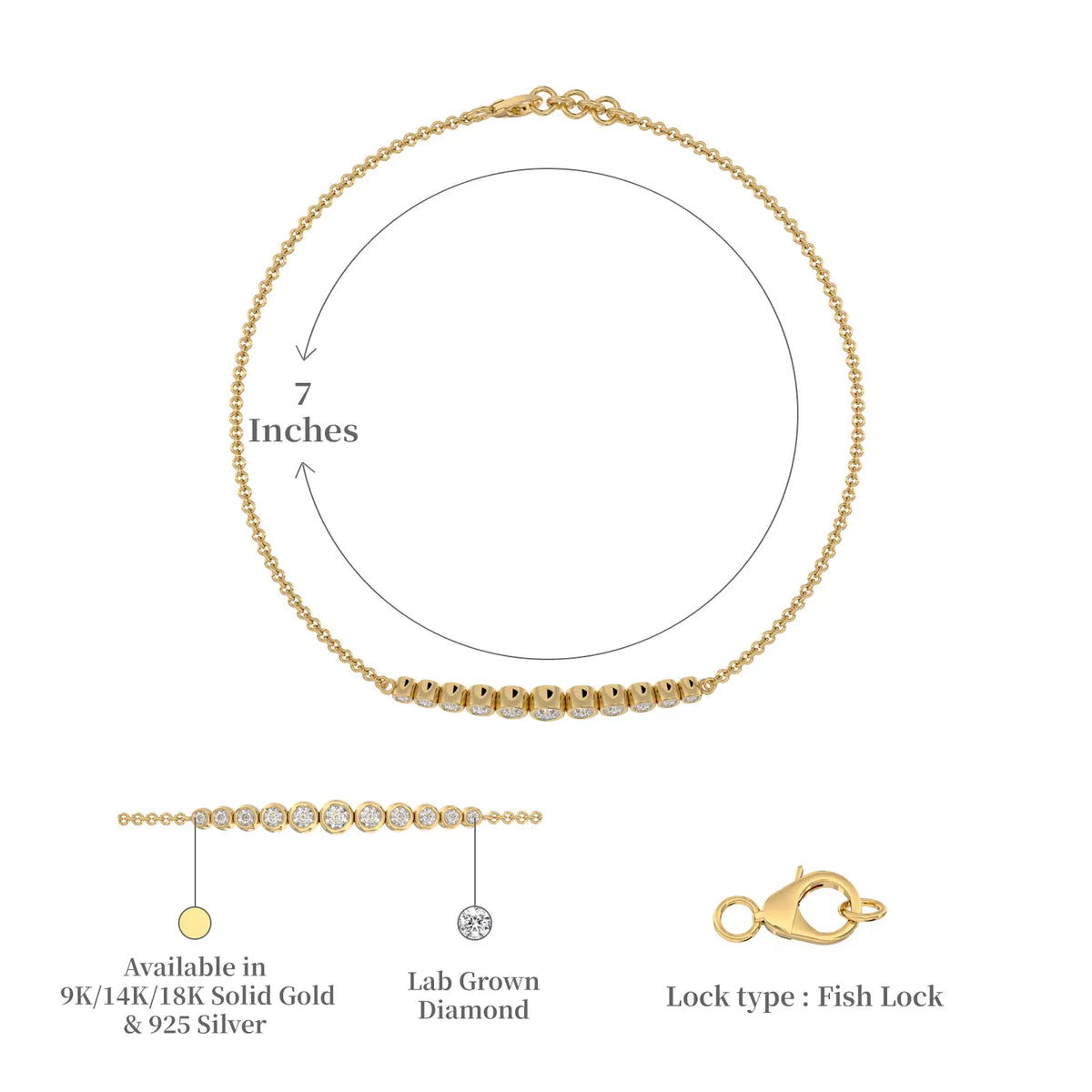 Dimension and descriptive image of yellow gold graduated bezel set diamond station bracelet 