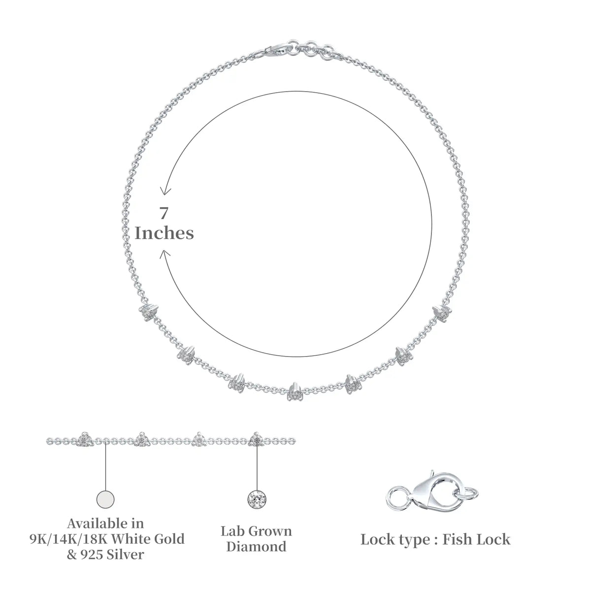 Dimension and descriptive image of prong set diamond station bracelet