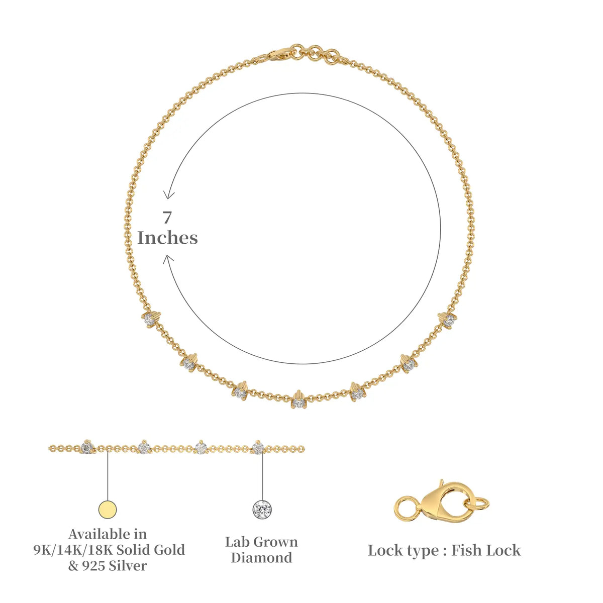 Dimension and descriptive image of yellow gold prong set diamond station bracelet