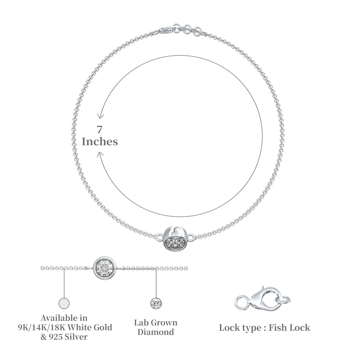 Dimension and descriptive image of white gold yue guang bezel solitaire bracelet 