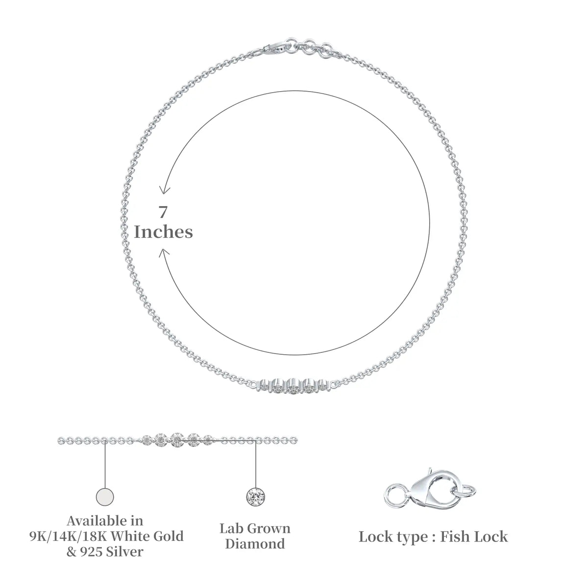 Dimension and descriptive image of white gold wu xing graduated diamond bracelet
