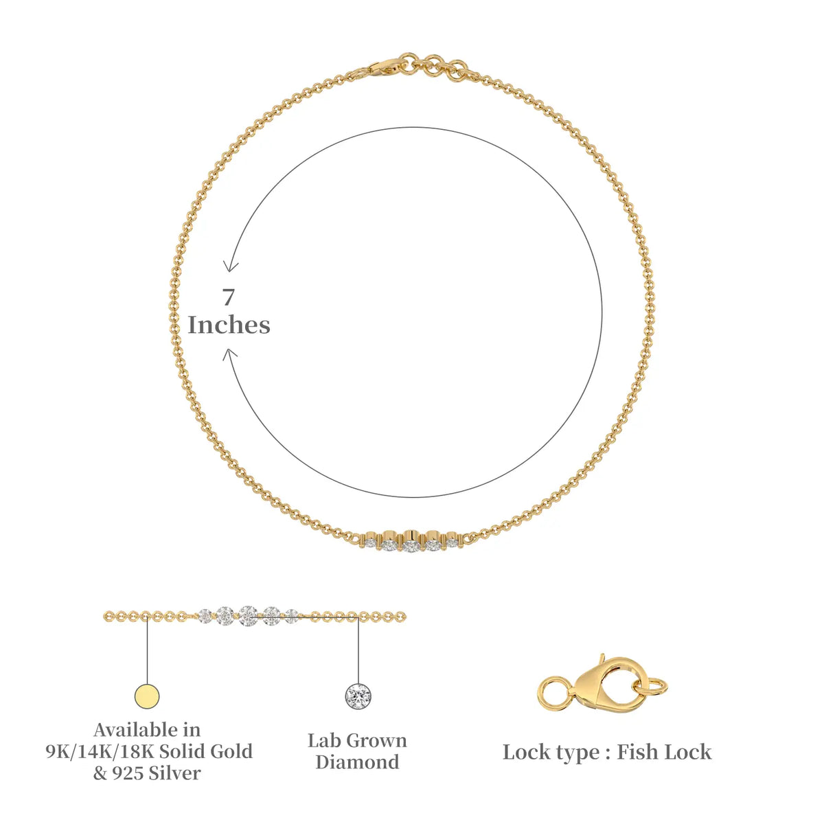 Dimension and descriptive image of yellow gold wu xing graduated diamond bracelet