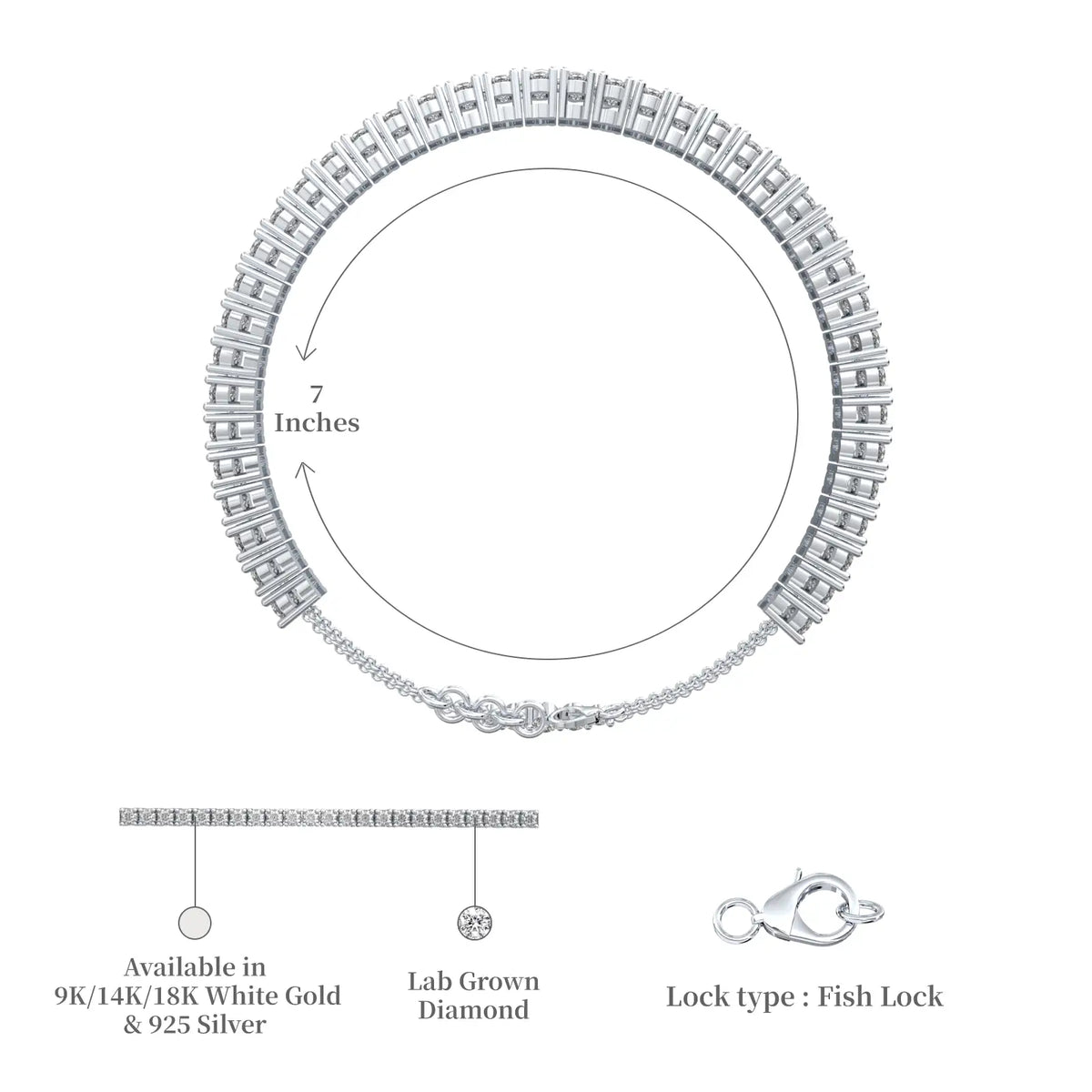 Descriptive and dimension image of white gold yin he tennis bracelet 