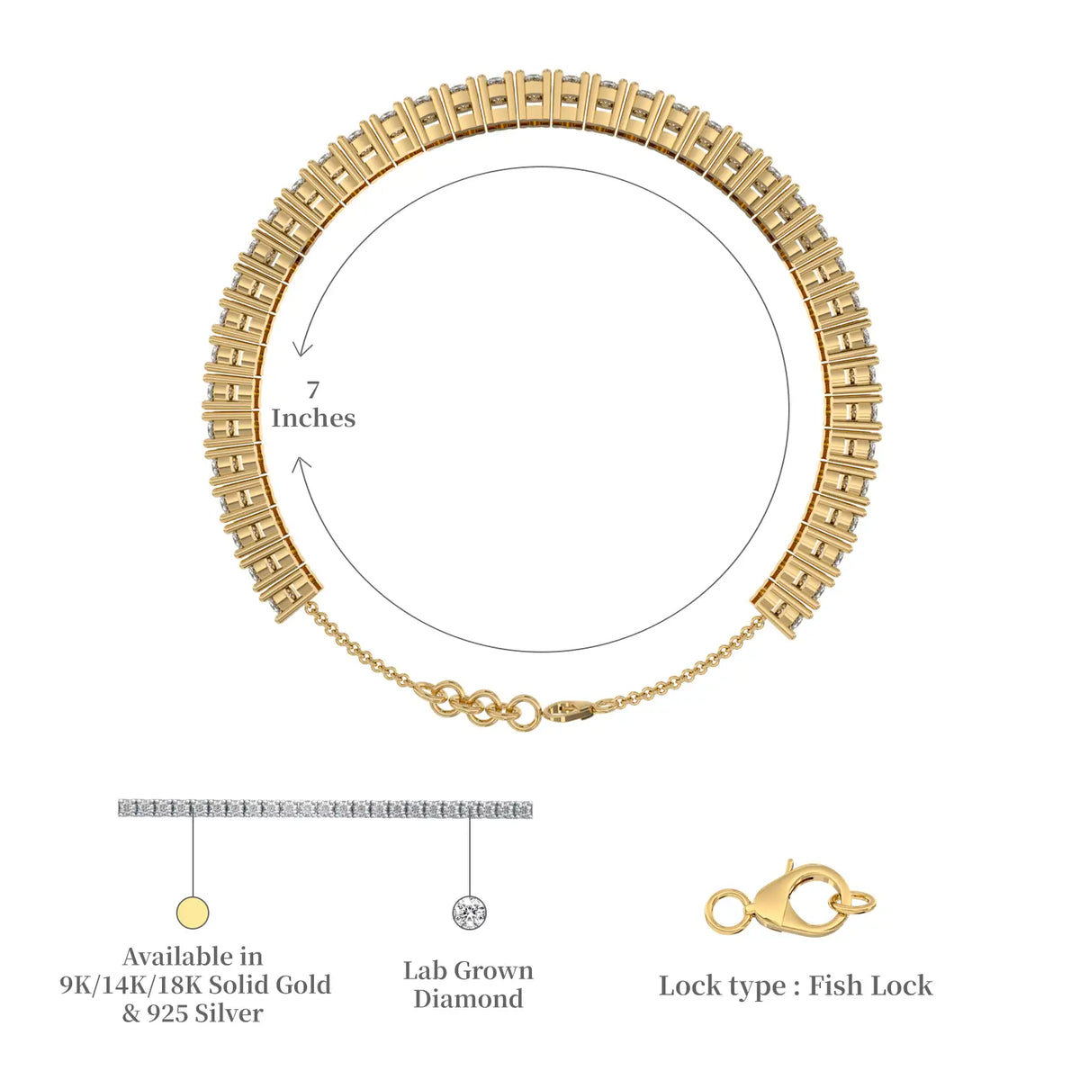 Descriptive and dimension image of yellow gold yin he tennis bracelet 