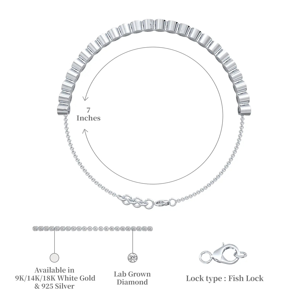 Dimension and descriptive image of  jing ling bezel tennis bracelet