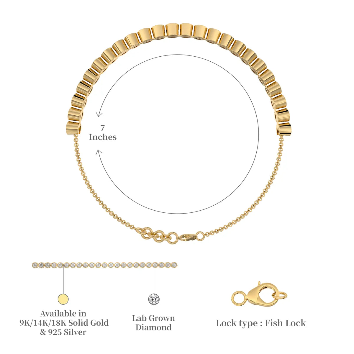 Dimension and descriptive image of yellow gold jing ling bezel tennis bracelet