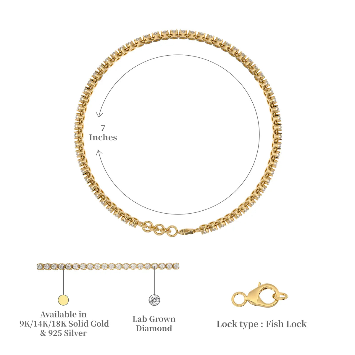 Dimension and descriptive image of yellow gold yun xing classic tennis bracelet 