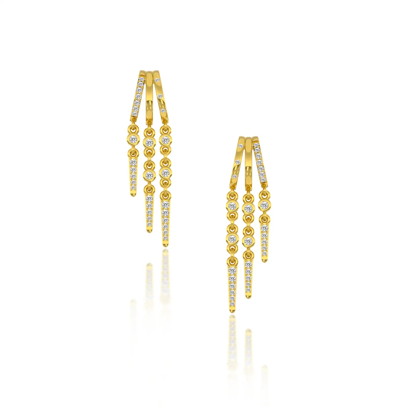 Yellow gold twin fall chain diamond drop earrings 