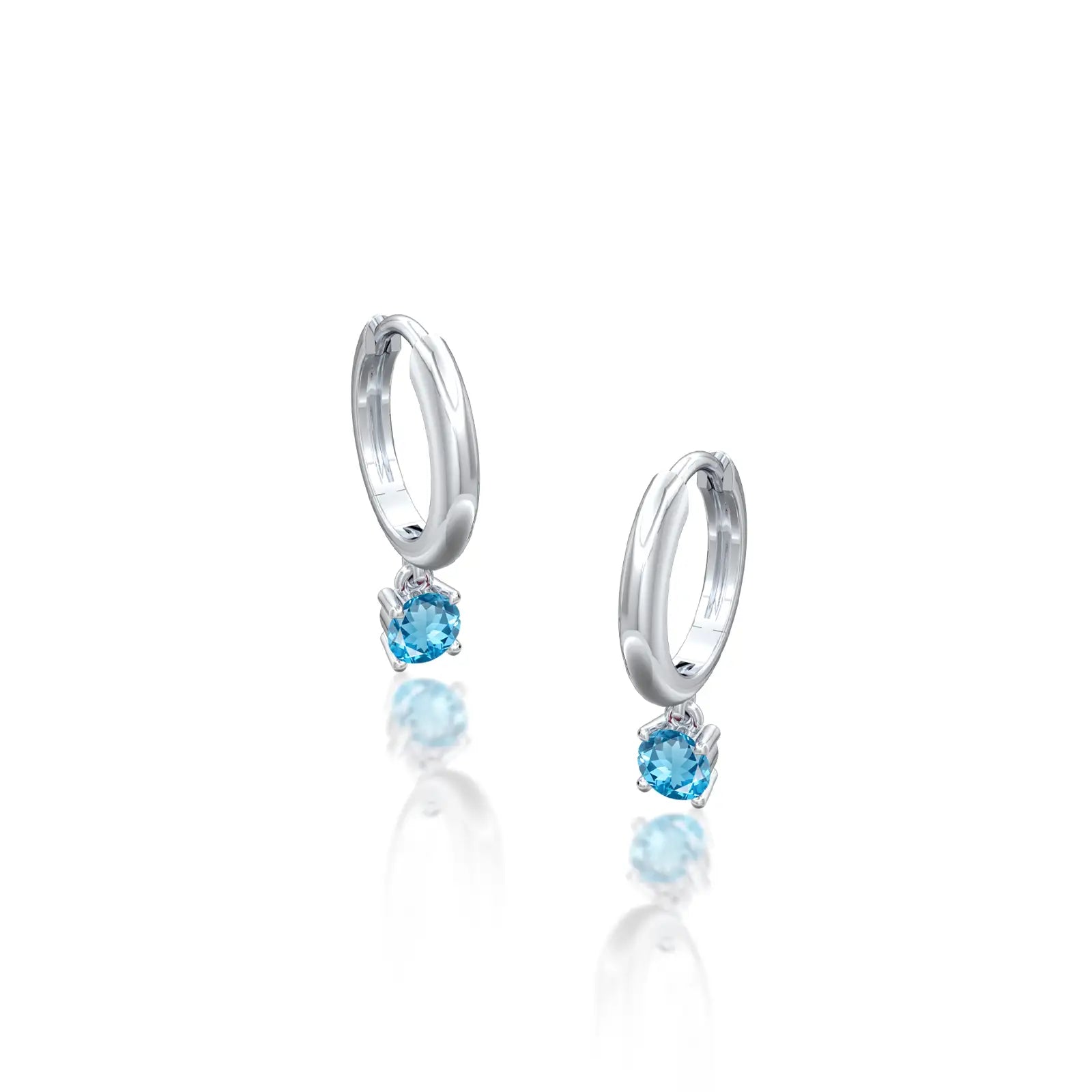 White gold march birthdstone hoops with swiss blue topaz drops