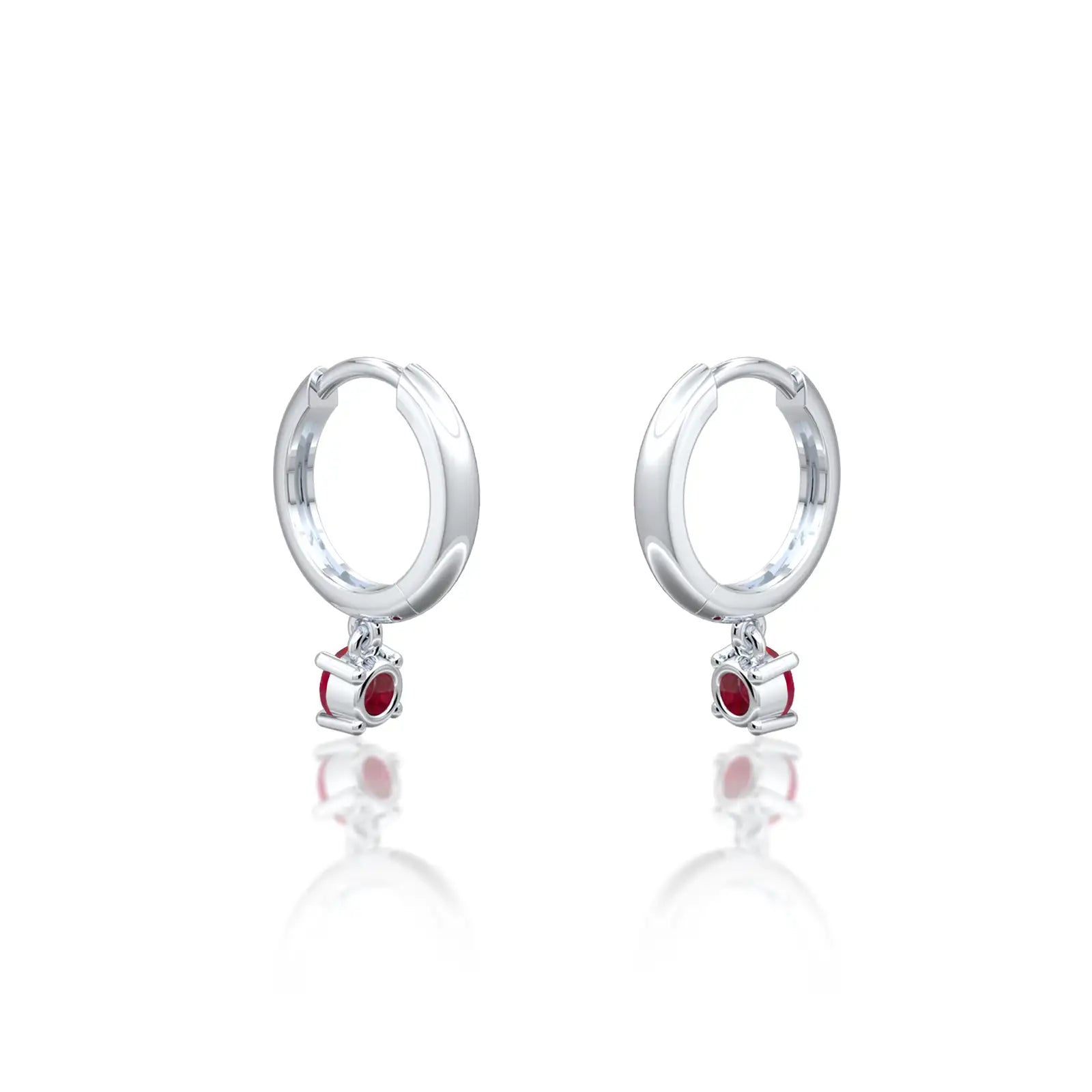 Trendy white gold july birthdstone hoops with opaque ruby drops