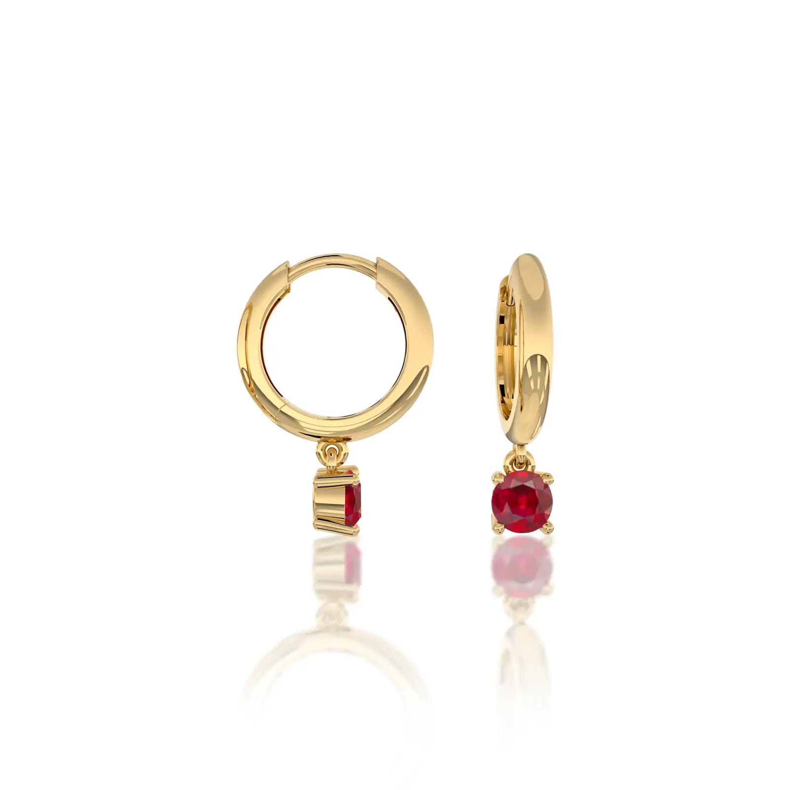 Yellow gold july birthdstone hoops with opaque ruby drops