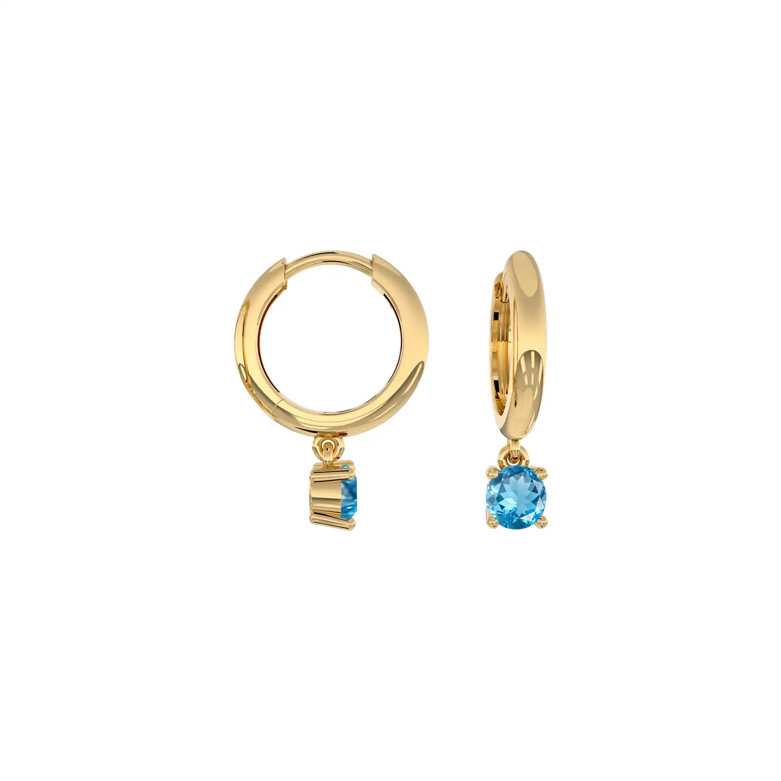 Yellow gold march birthdstone hoops with swiss blue topaz drops