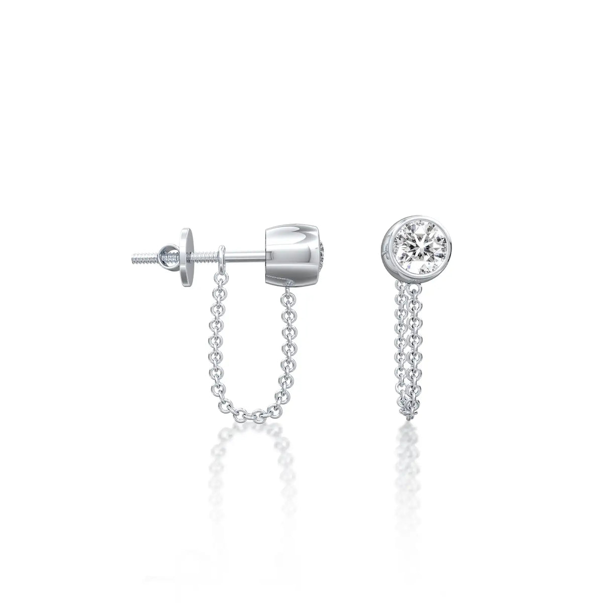 White gold chuan 串 diamond bezel chain loop stud earrings
