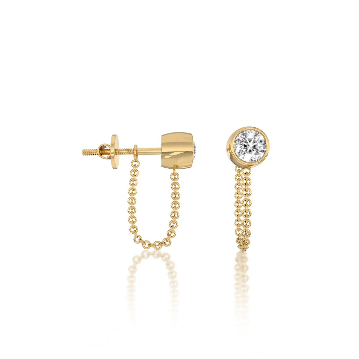 Unique yellow gold chuan 串 diamond bezel chain loop stud earring