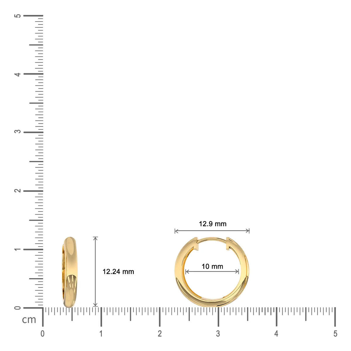 Dimension details of yellow gold classic high polish huggie hoop earrings 