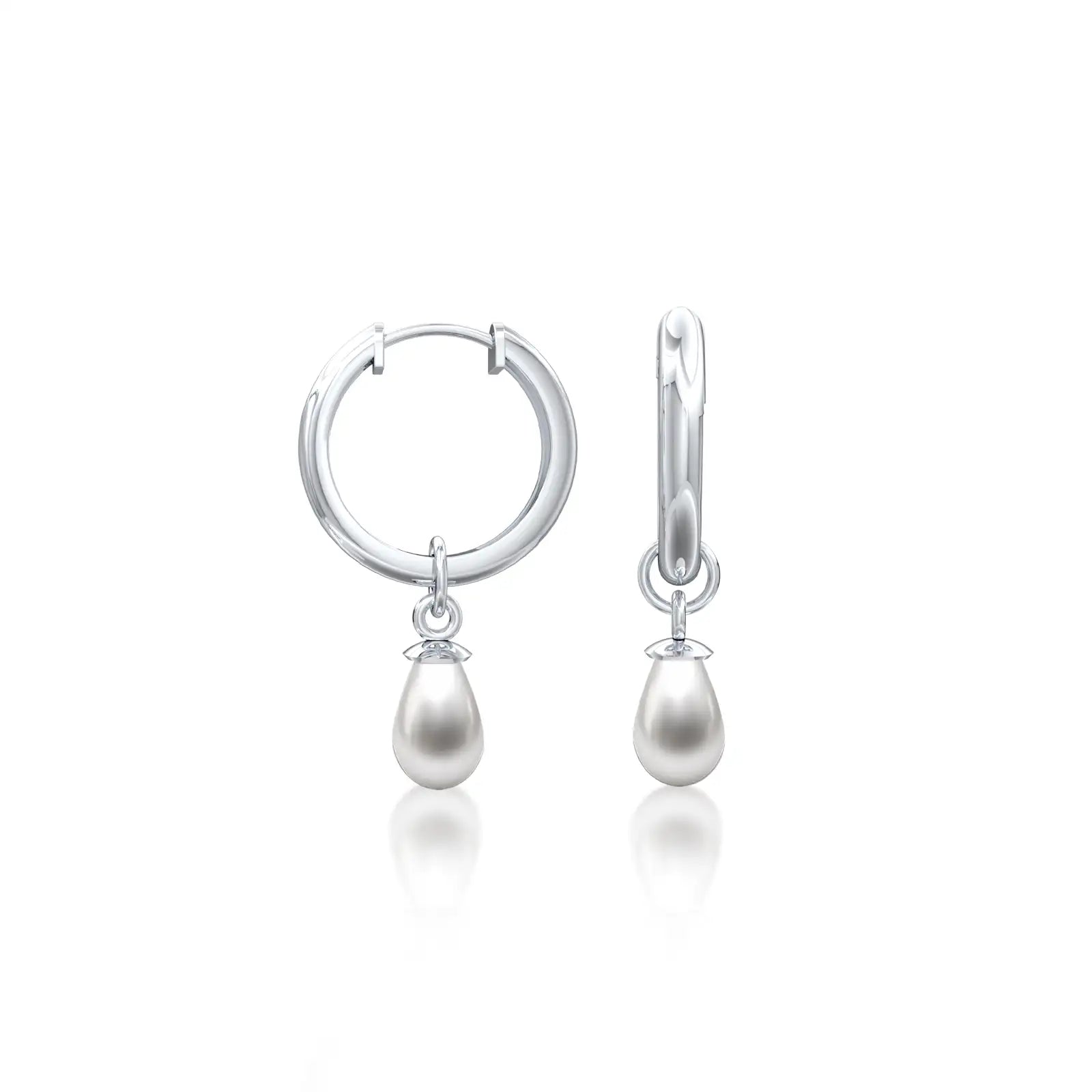 Fortune white gold pearl teardrop huggie hoop earrings