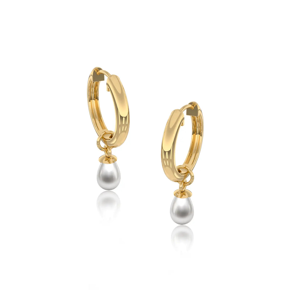 Yellow gold pearl teardrop huggie hoop earrings