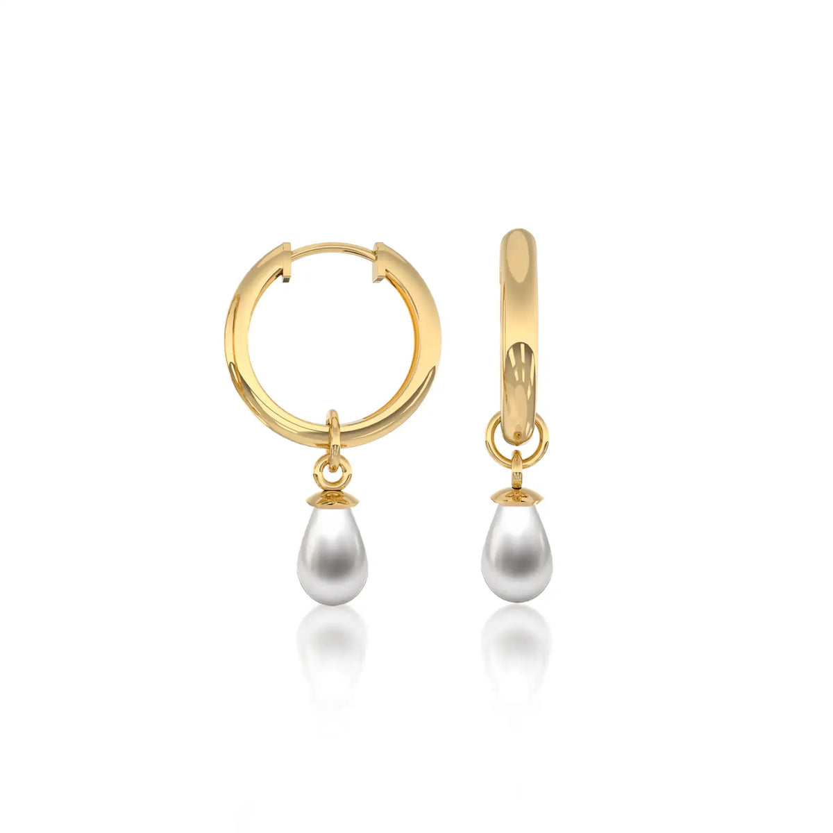 Yellow gold pearl teardrop huggie hoop earrings for women